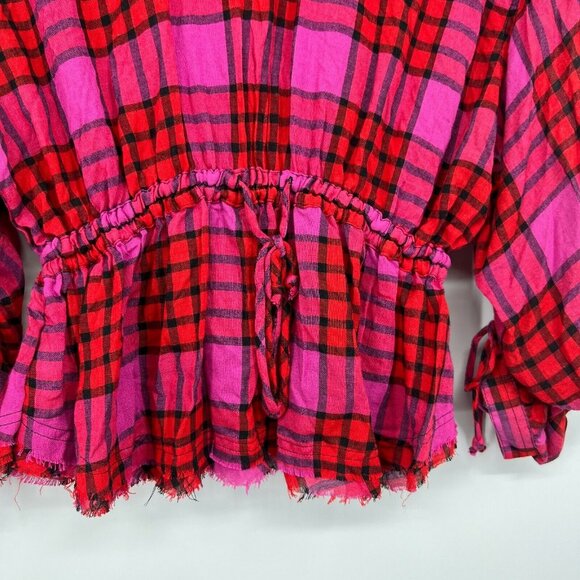 Free People Pacific Dawn Shirt Pink Red Plaid Button Down Wool NWT - Picture 12 of 12